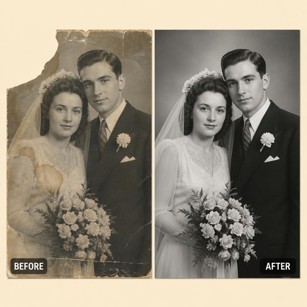 1940s wedding portrait — torn corner and water damage repaired